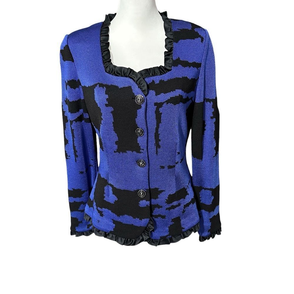 Toula Blue and Black Knit Jacket with Ruffles Sz 6 NWT
